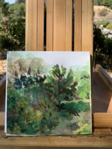 Watercolor and gouache painting of trees and shrubs on small square paper