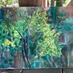 Gouche and watercolor painting of tangerine tree next to a chicken coop, under redwood trees. Loose brushwork style and high contrast of leaves with background.