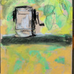 chalk drawing on tan toned paper by artist Julia van der Wyk. Pencil sharpener is atop fence post with leaves in the background and appears to be smiling. Loosely drawn.