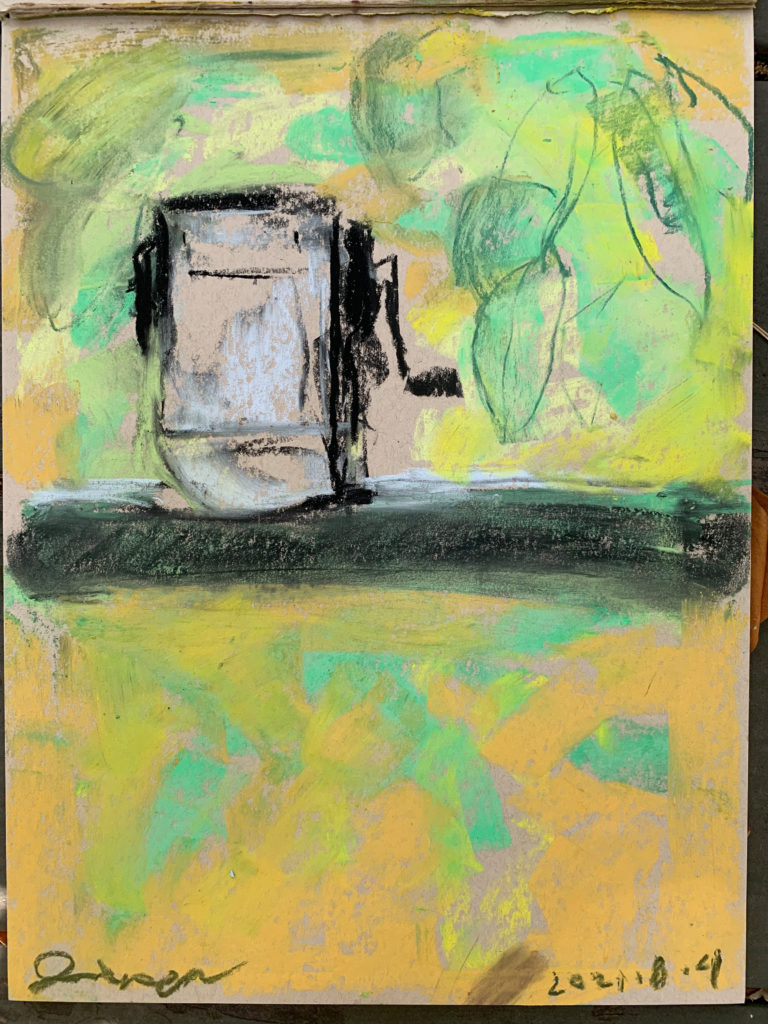 chalk drawing on tan toned paper by artist Julia van der Wyk. Pencil sharpener is atop fence post with leaves in the background and appears to be smiling. Loosely drawn.