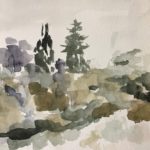 tinted sumi ink painting of trees and shrubs on a low ridge.